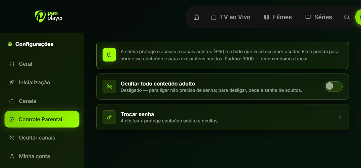 Pan Player parental control screen