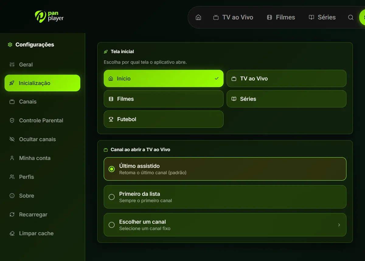 Start screen and startup channel settings in Pan Player